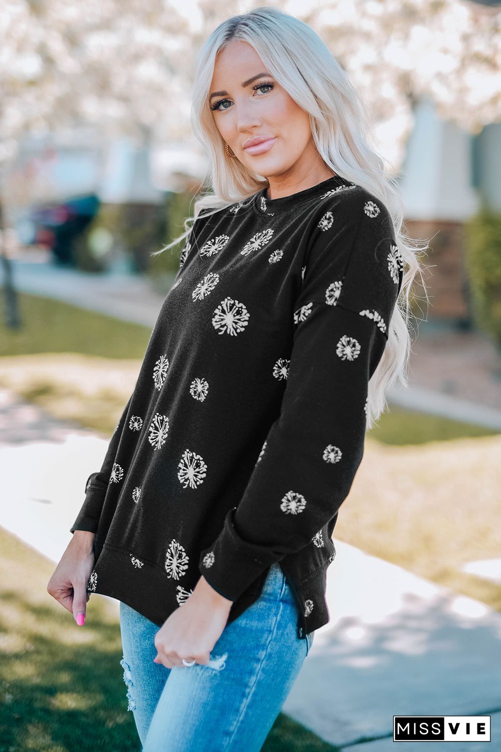 Black Dandelion Print Round Neck Sweatshirt