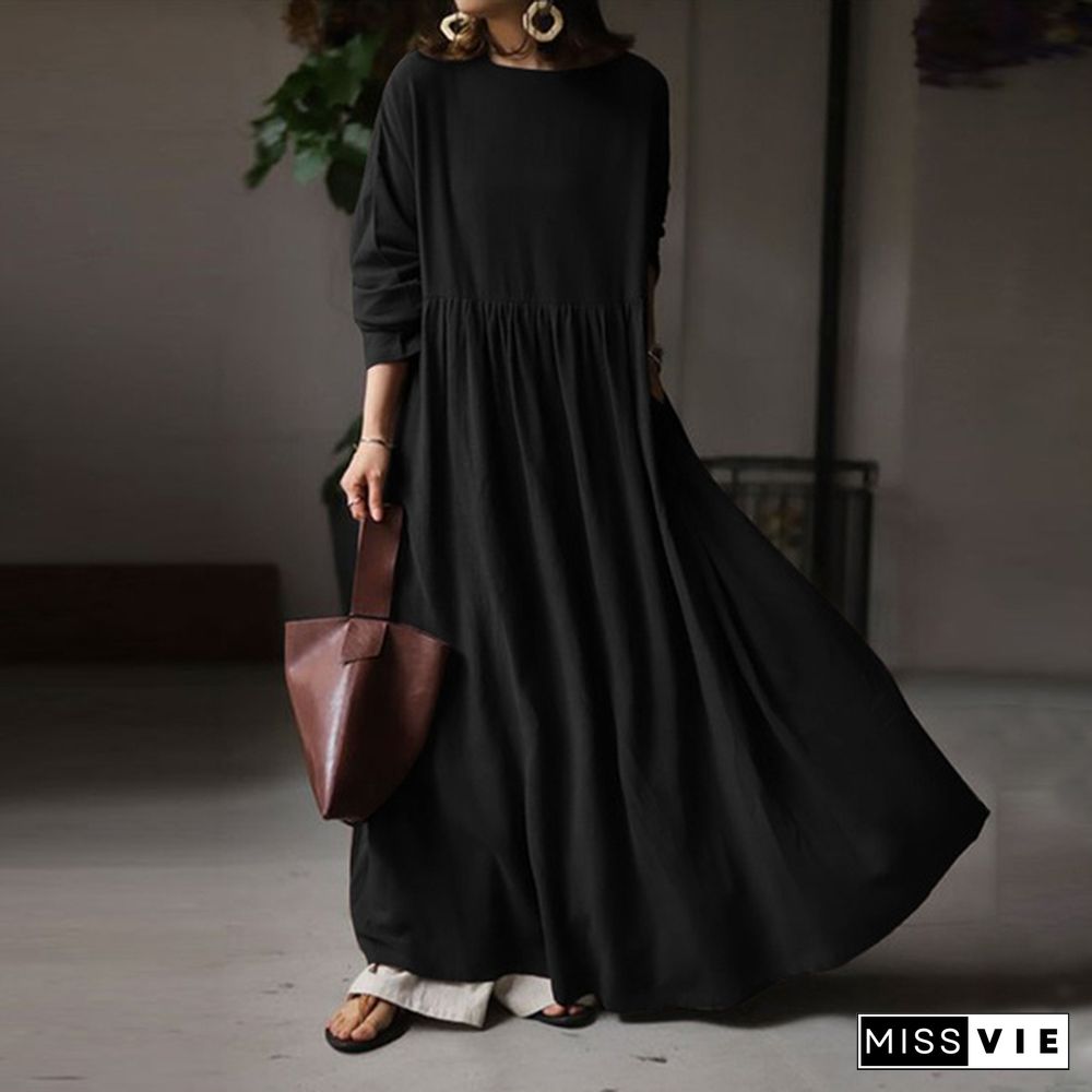 ZANZEA Women Autumn Long Sleeve Robe Solid Color Long Dress Casual Cotton Maxi Dresses