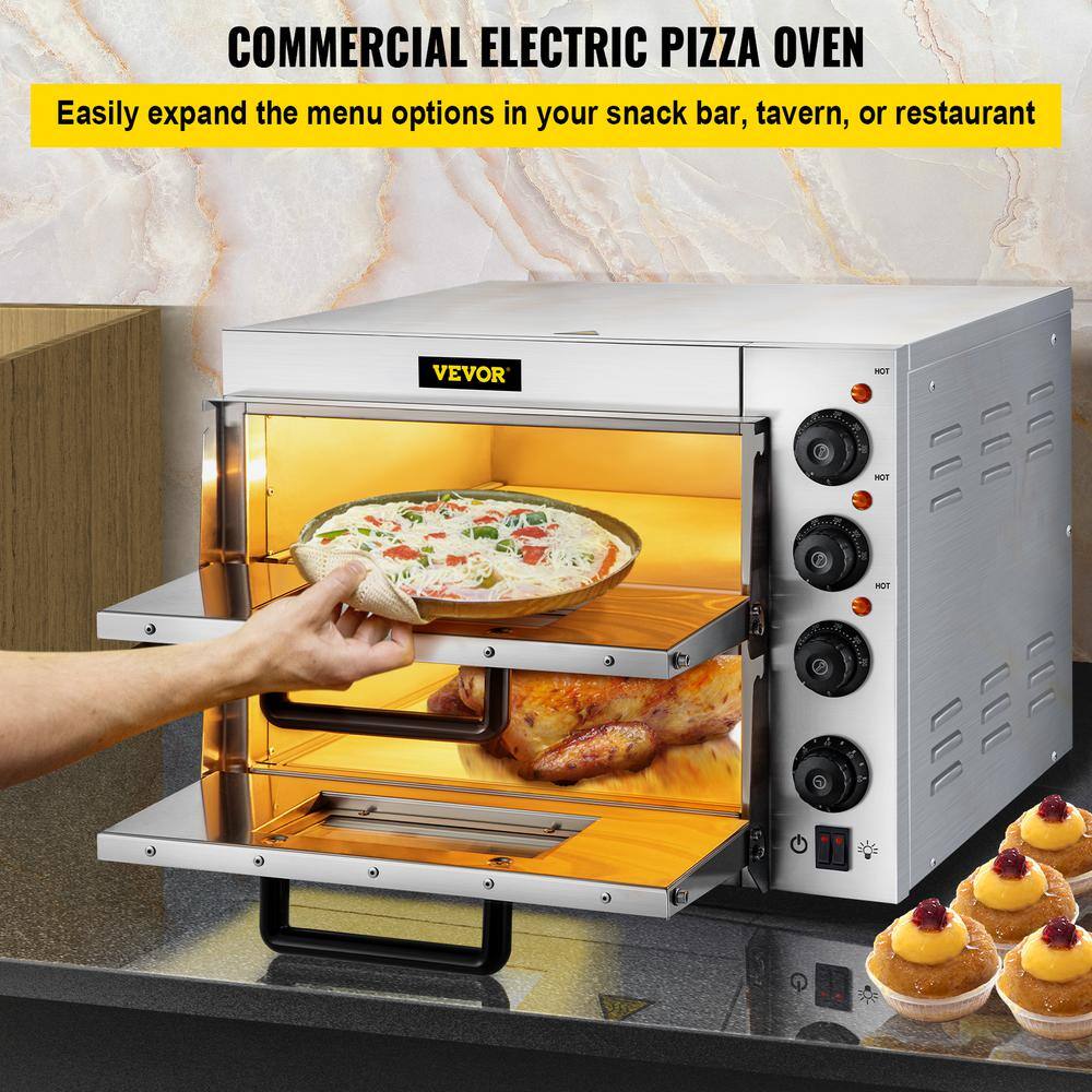 VEVOR Electric Pizza Oven 14 in. Double Deck Layer Stainless Steel Outdoor Pizza Oven 1950 Watt Countertop Pizza Maker Silver LXBSKX142110VHGGUV1