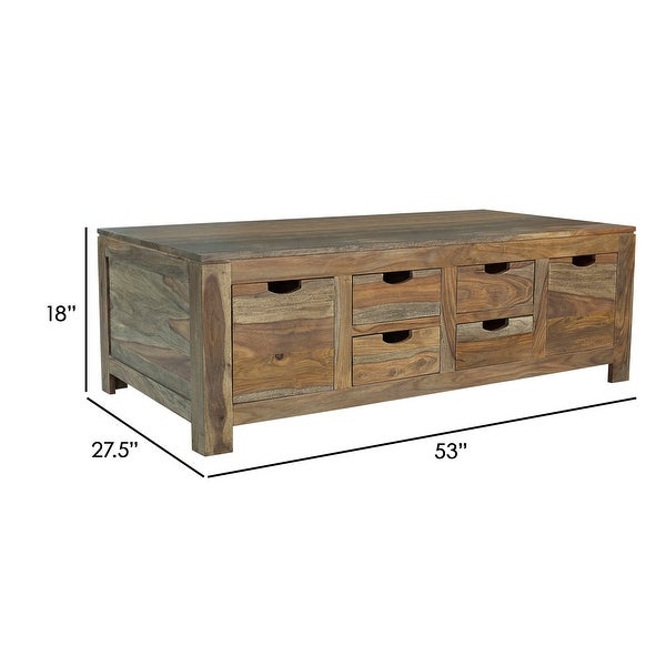 Dale 53 Inch Rustic Storage Coffee Table， 6 Gliding Pull Out Drawers， Brown