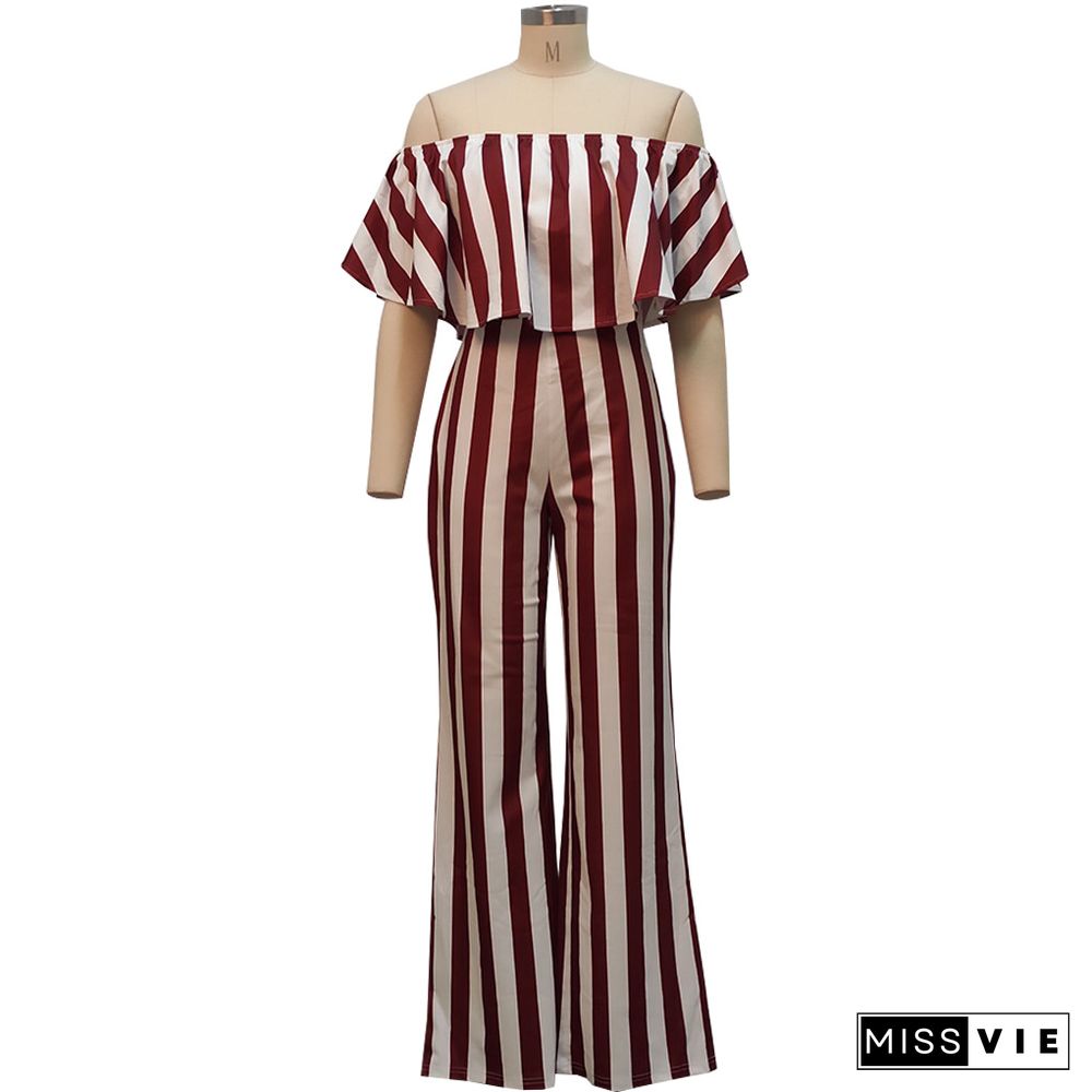 Striped Off Shoulder Wide Leg Jumpsuits