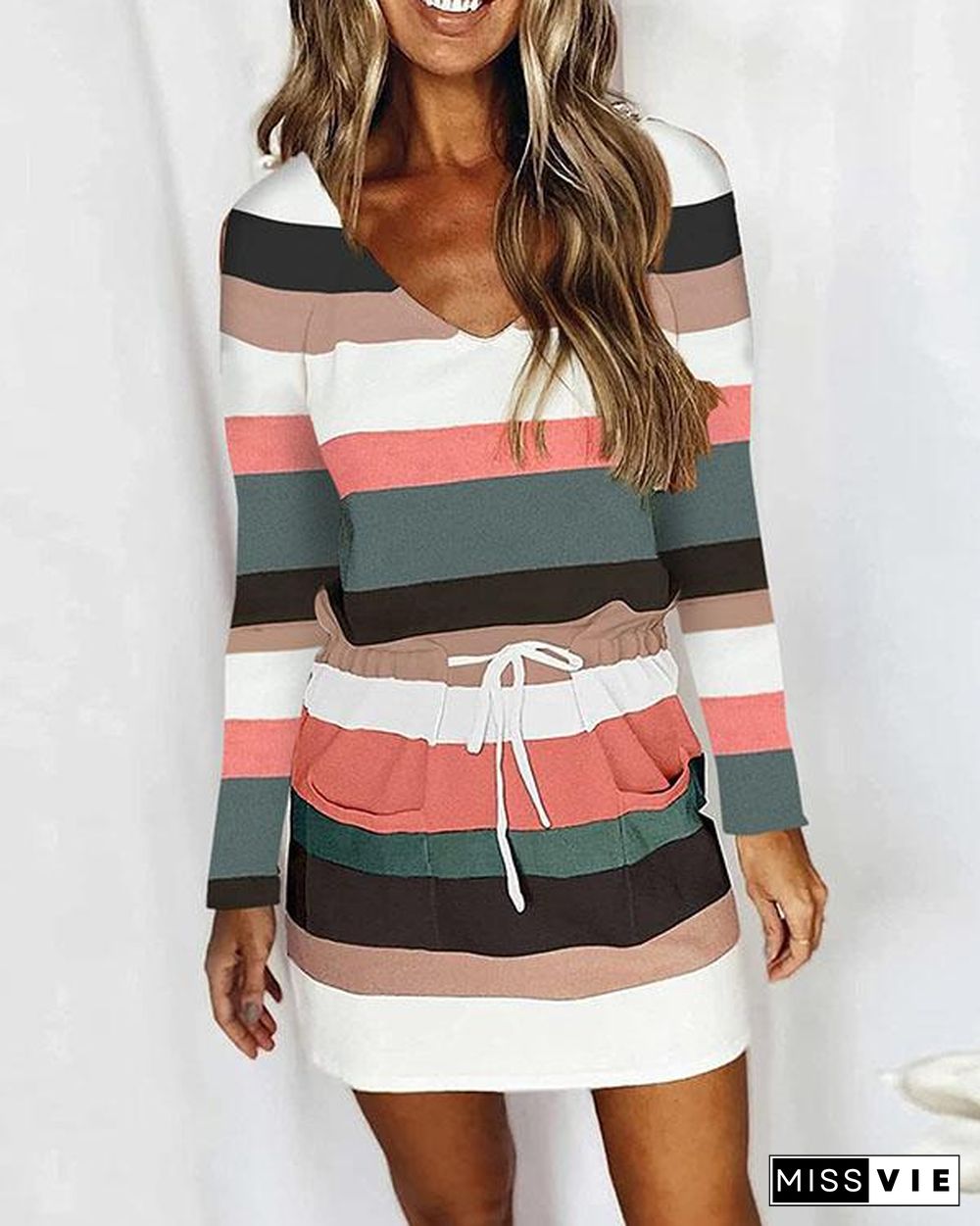 Casual V Neck Long Sleeve Stripe Mini Dress with Drawstring & Pockets