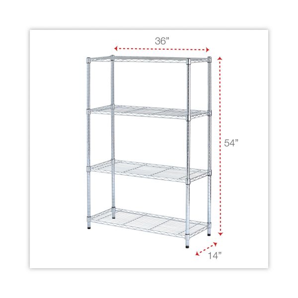 Alera Residential Wire Shelving， Four-Shelf， 36w x 14d x 54h， Silver