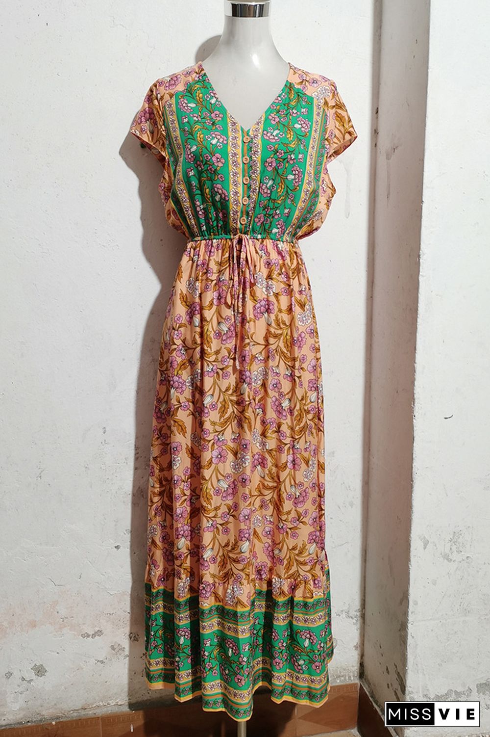 V Neck Buttoned Drawstring Bohemian Print Maxi Dress