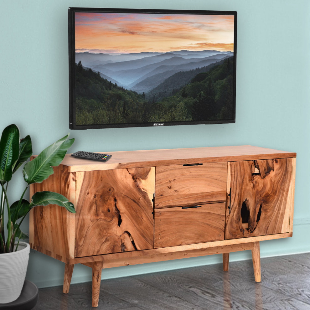 Roma Live Edge Suar Wood Cabinet With 2 doors/2 drawers   Midcentury   Entertainment Centers And Tv Stands   by Chic Teak  Houzz