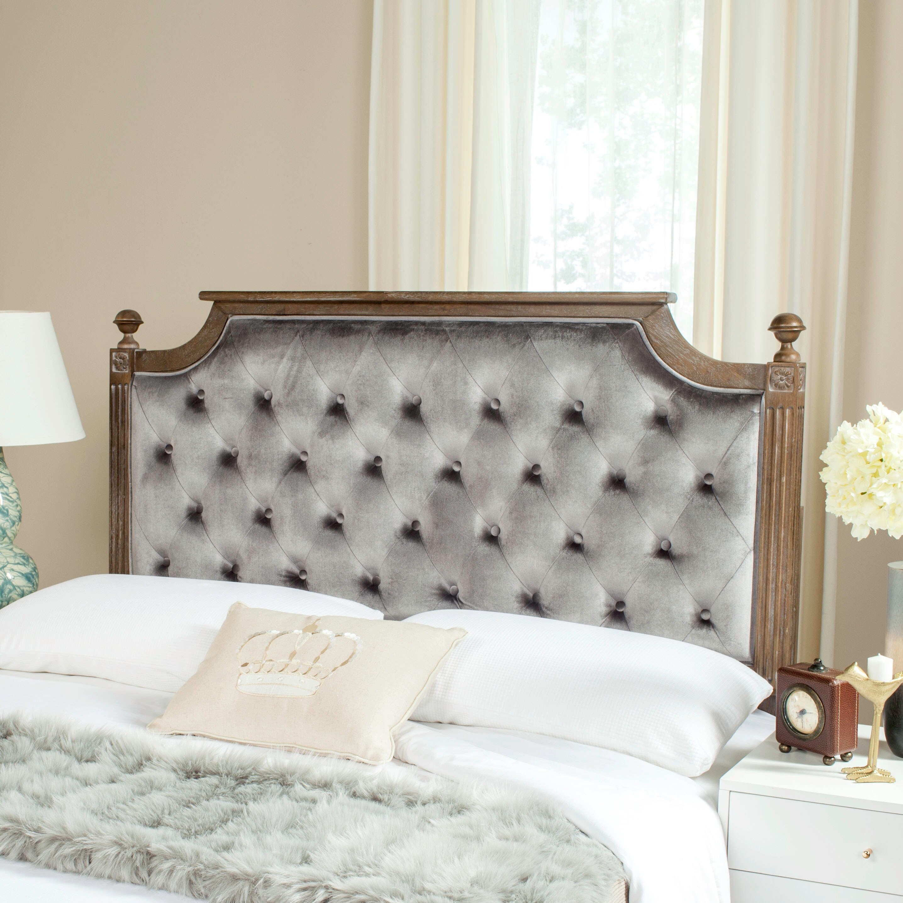 SAFAVIEH Bedding Rustic Wood Grey Tufted Velvet Queen Headboard - Grey / Rustic Oak - - 22287099