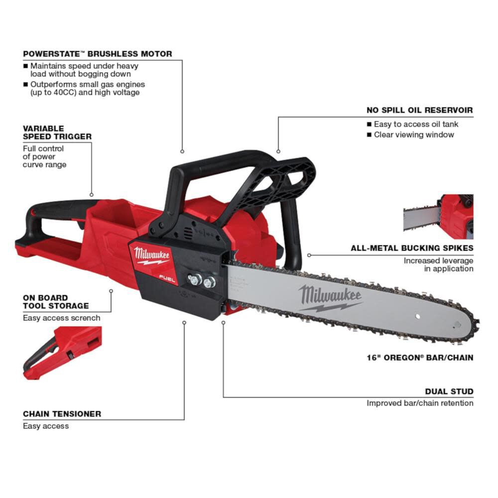 MW M18 FUEL 16 in Chainsaw Bare Tool with 16 in Replacement Chain Bundle 2727-20-49-16-2715 from MW