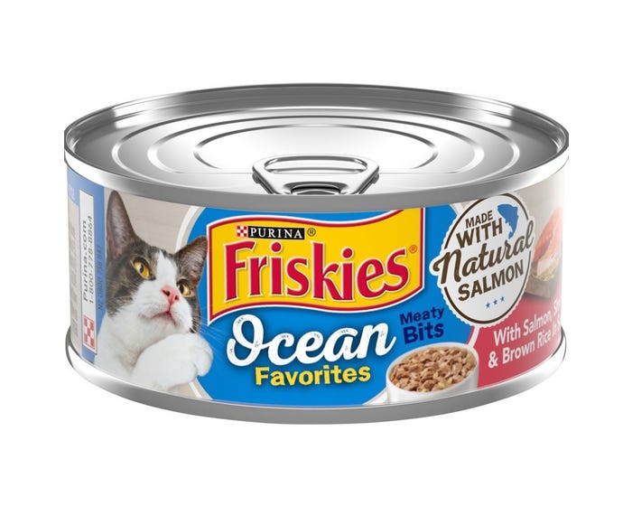 Purina Friskies Ocean Favorites Meaty Bits with Salmon， Shrimp  Brown Rice Natural Wet Cat Food， 5.4 oz. Can