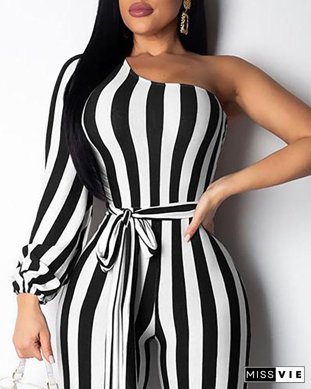 One Shoulder Striped Bleted Jumpsuit