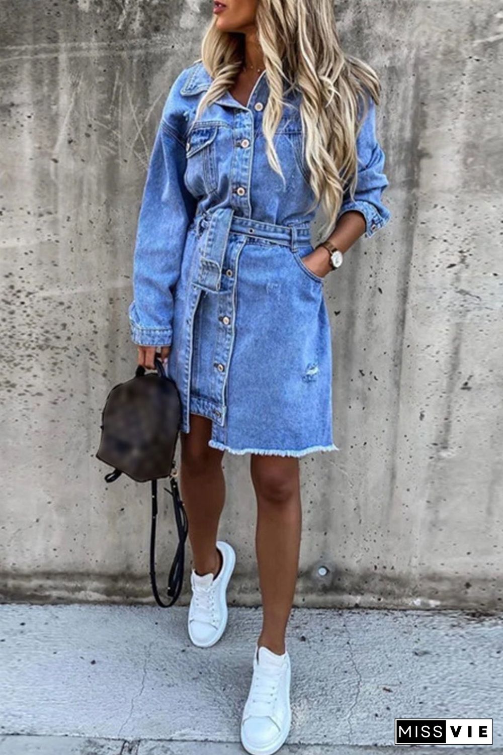 Casual Solid Patchwork With Belt Turndown Collar Long Sleeve Regular Denim Dresses