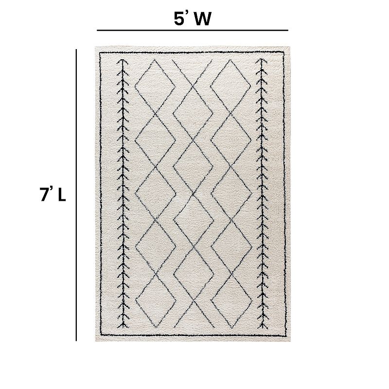 Merrick Lane 5' x 7' Ivory and Black Geometric Style Bohemian Shag Area Rug