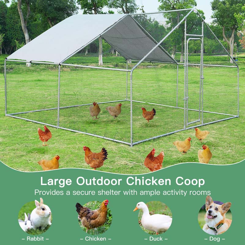 13' x 13' x 6.5' Galvanized Metal Large Walk-in Chicken Coop Cage Runs Hen House with Cover & Lockable Door