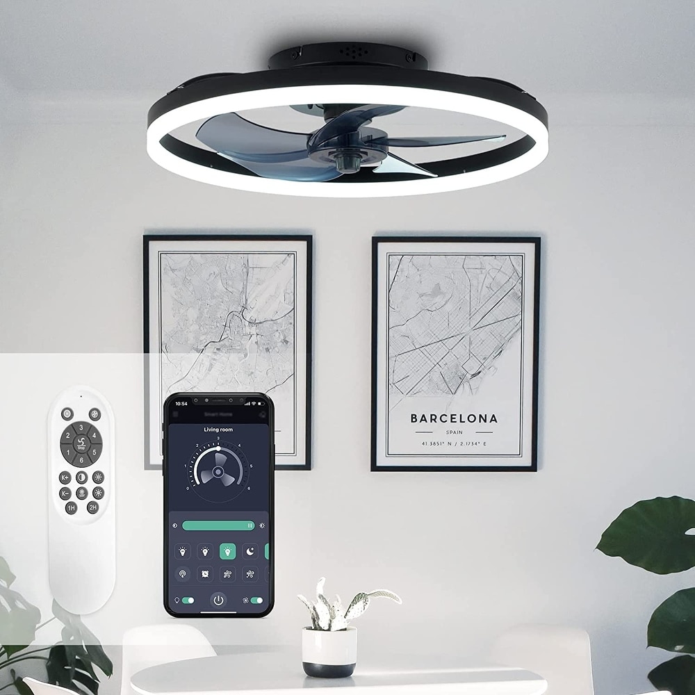 Modern Low Profile Ceiling Fan with Light  Bedroom LED Ceiling Fan with Remote Control  Bladeless Flush Mount Black