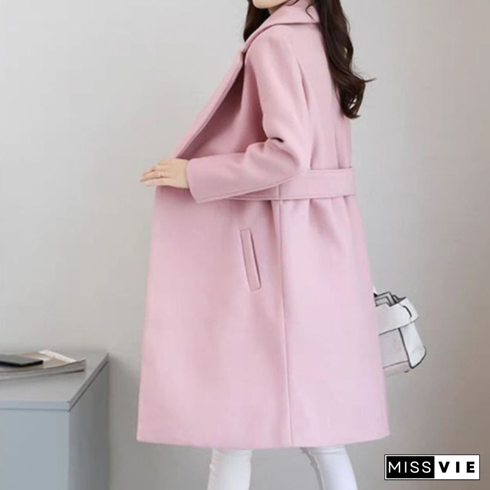 Winter Clothes Wool Coat Belt Slim Women Coat Korean Autumn Female Woolen Coat Fashion Double-breasted Jacket Elegant Blend