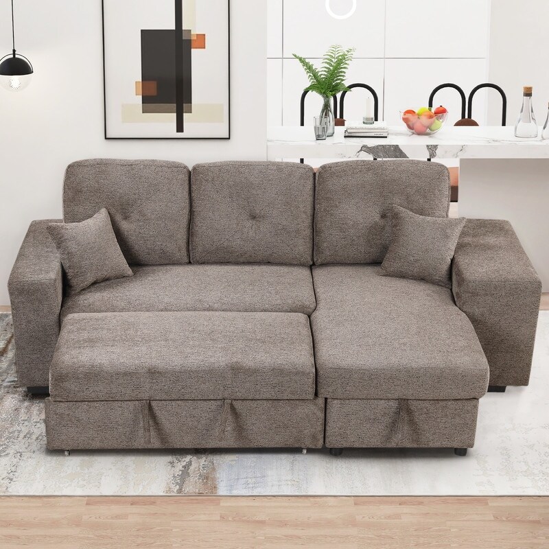 Reversible Sleeper Sectional Sofa Couch with Side Shelf and 2 Stools  Pull Out L Shaped Sofa Bed  Corner Sofa Bed with Storage