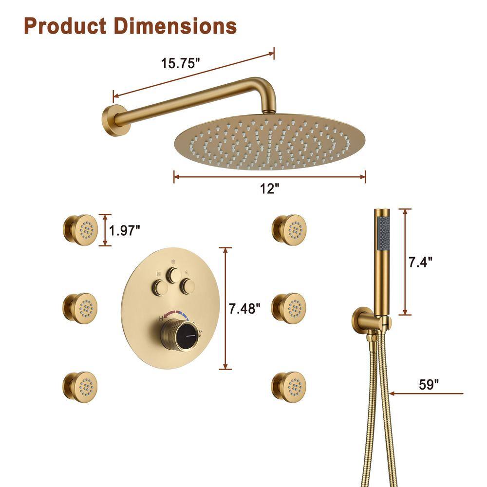 Mondawe Pressure Balanced 3-Spray Patterns 12 in. Wall Mounted Rainfall Dual Shower Heads with 6 Body Spray in Brushed Gold WF6823-12BG