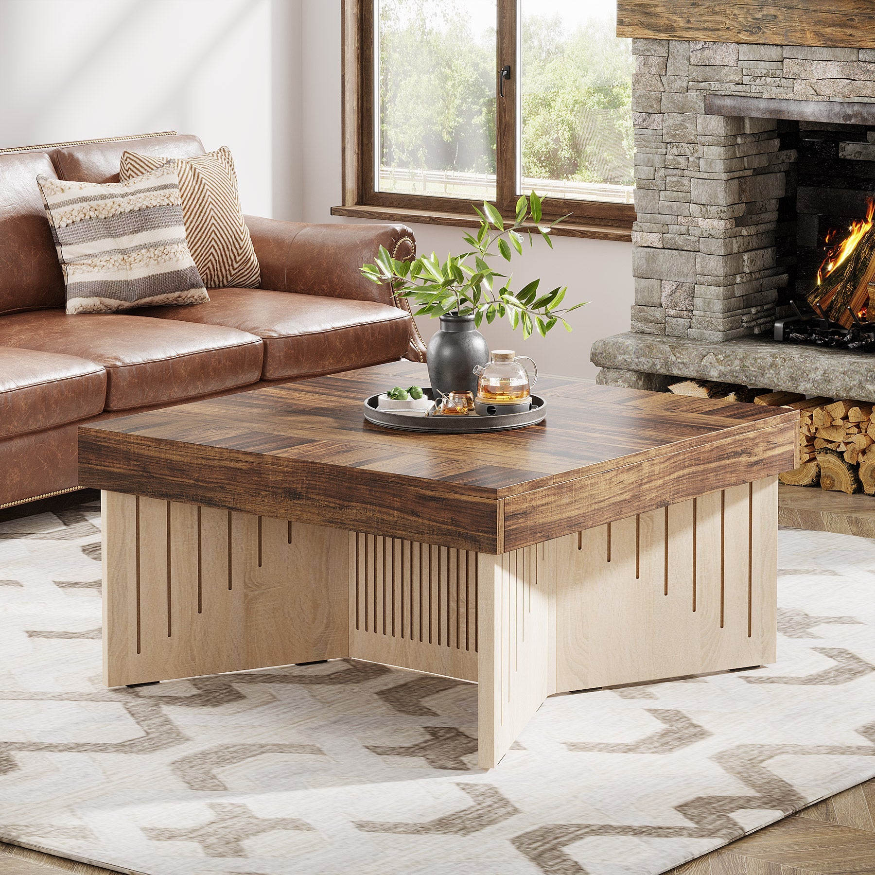 35.4 Coffee Table, Square Wood Center Table with Engraved Lines Design