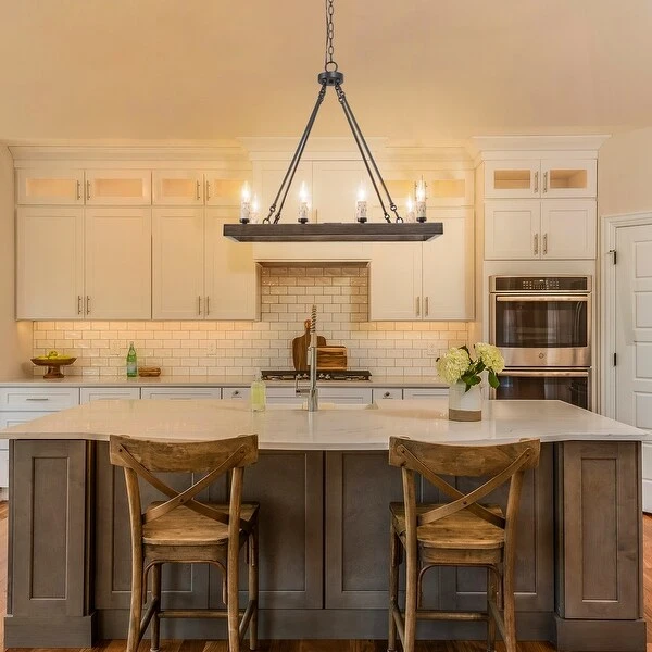 Modern Farmhouse 8-Light Wood Grain Chandelier Rectangle Kitchen Island Lights - L29