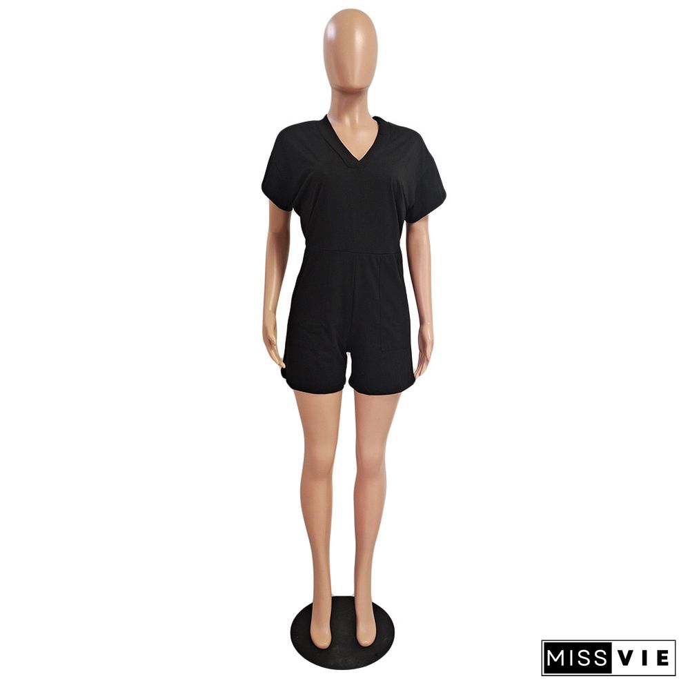 Plus Size Short Sleeve V Neck Loose Casual Rompers