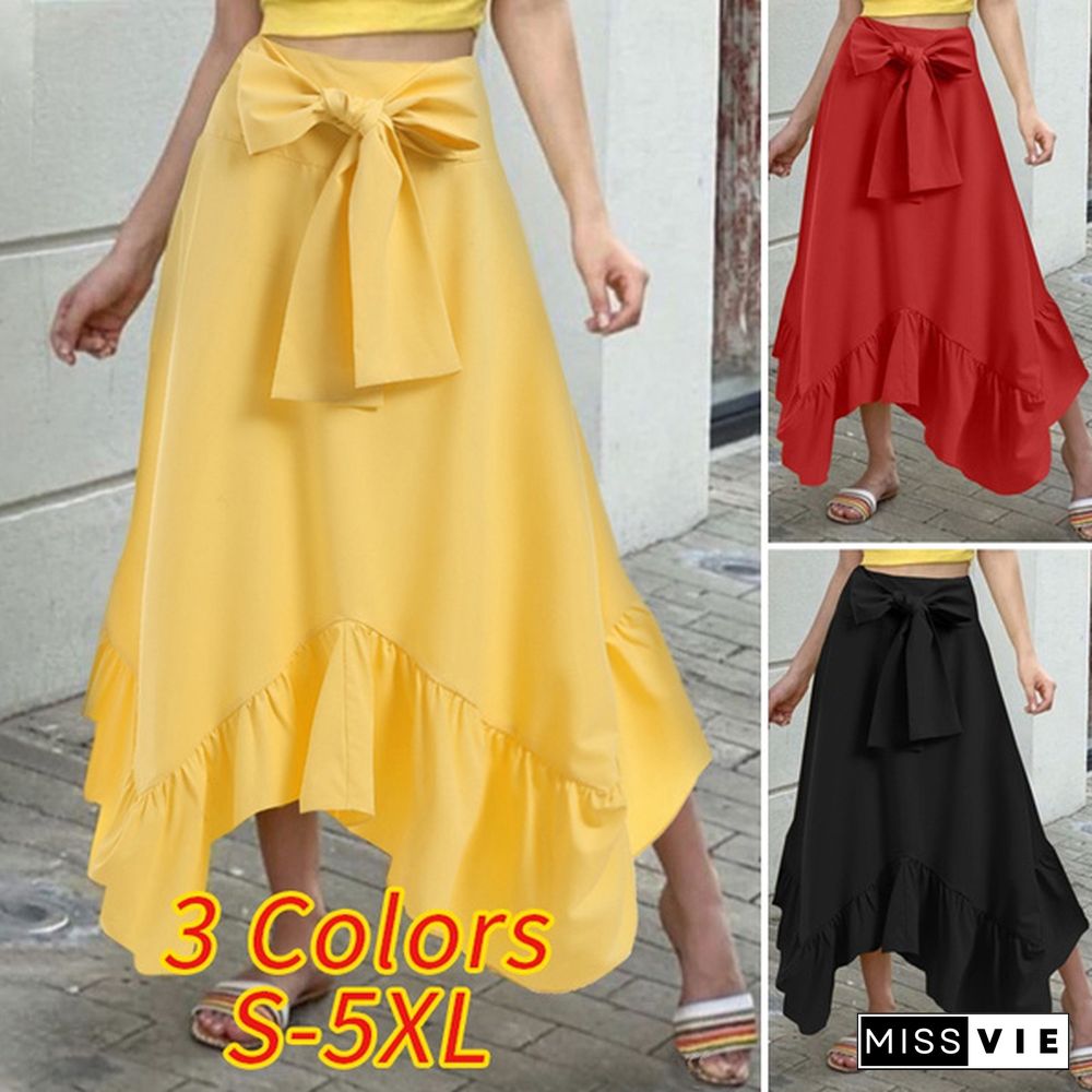 Women Umbrella Long Skirt Irregular Ruffle Hem High Waist Bowknot Party Elegant Casual Pleated Maxi Skirt Dress Plus Size