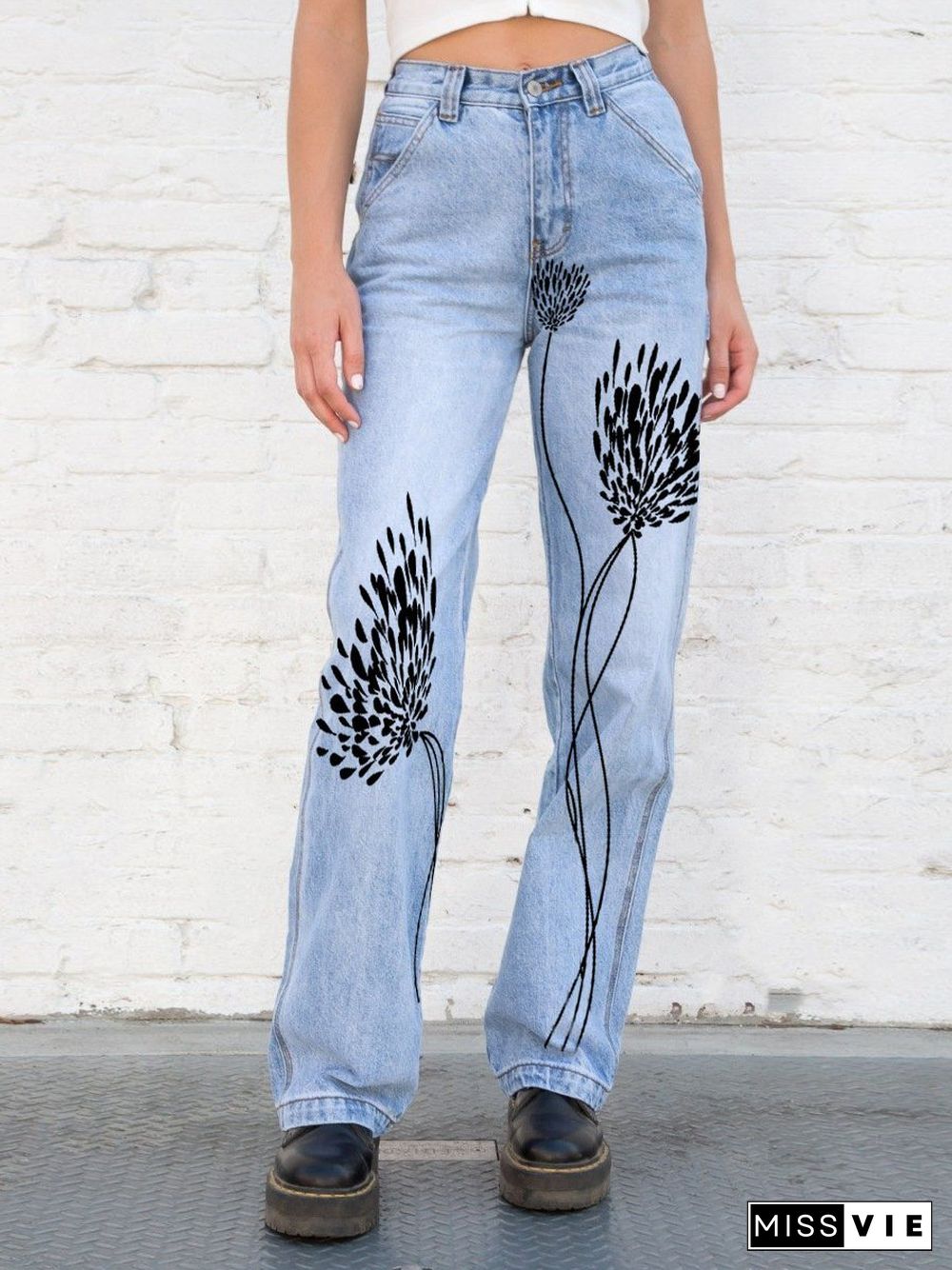 Retro Leisure Plants Print Jeans