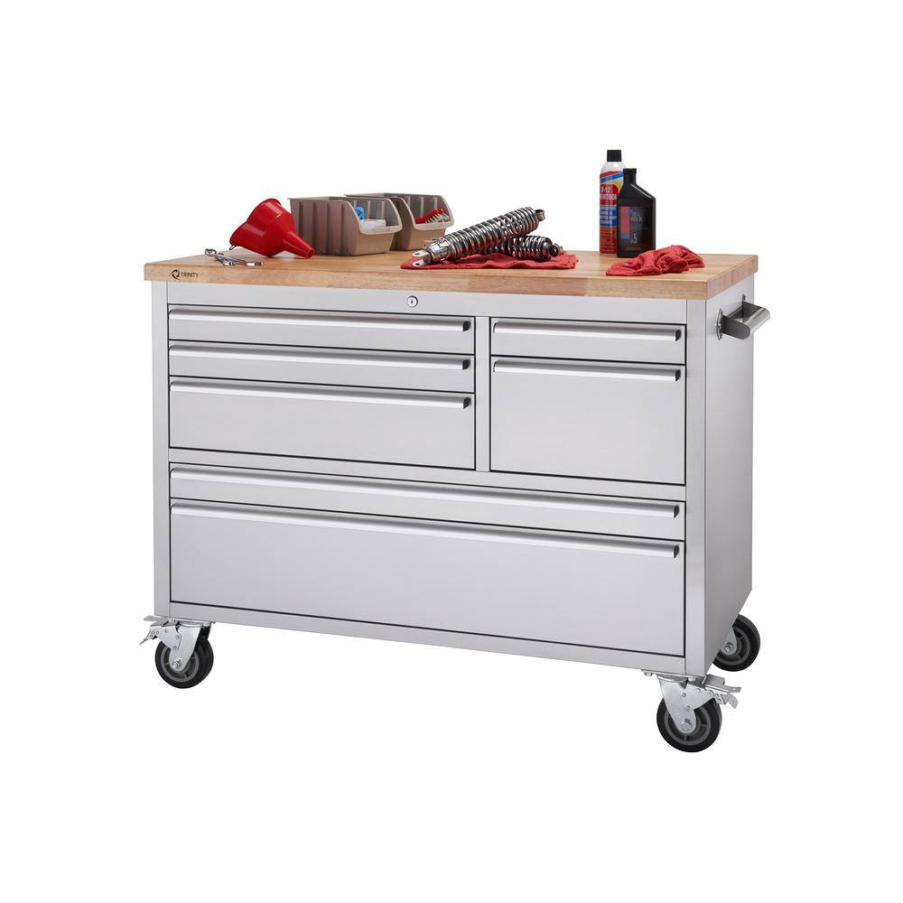 TRINITY 4 ft. 7-Drawer Stainless Steel Workbench with Storage TLS-4815