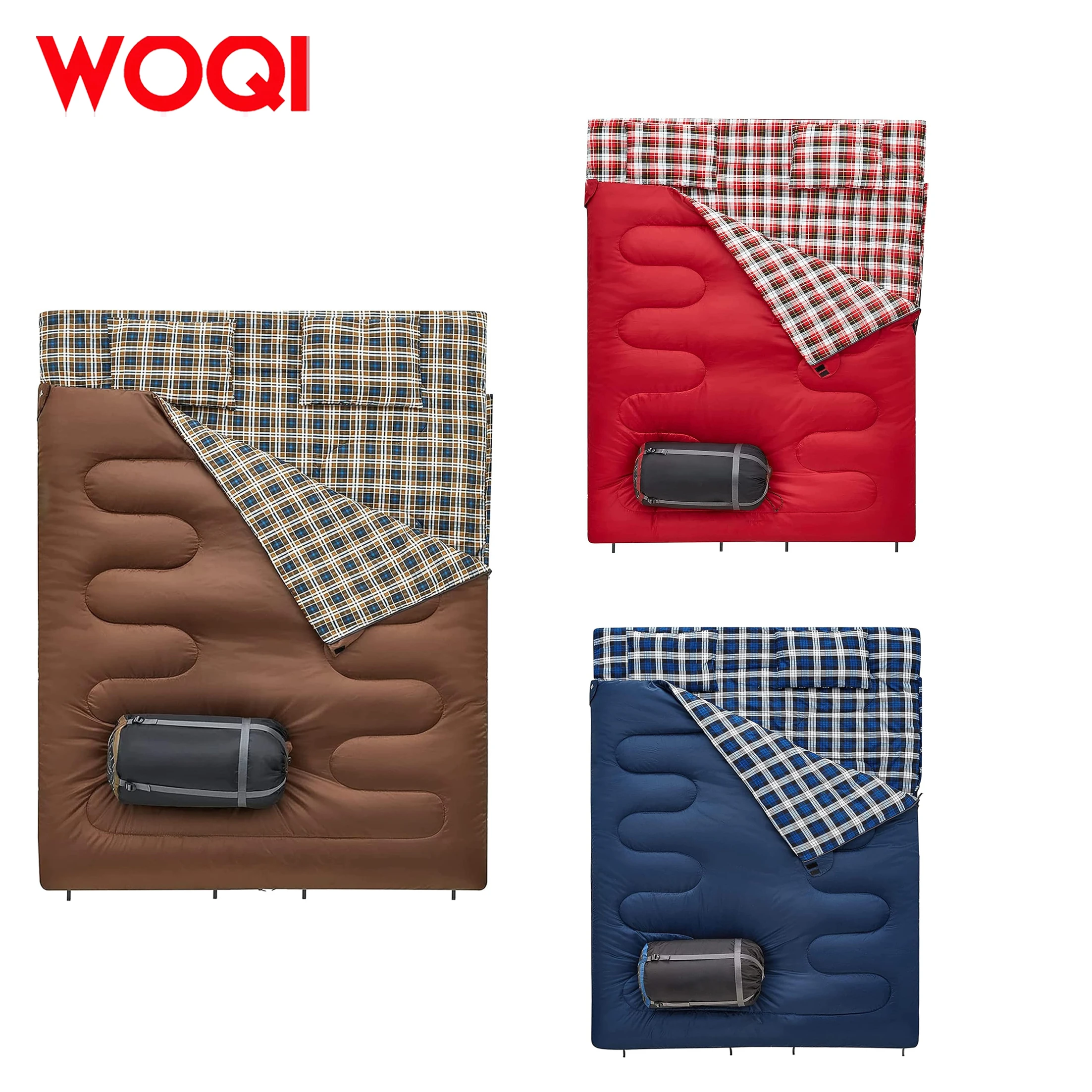 WOQI double layer lightweight warm three season sleeping bag with 2 pillows  suitable for camping  backpacking  and hiking