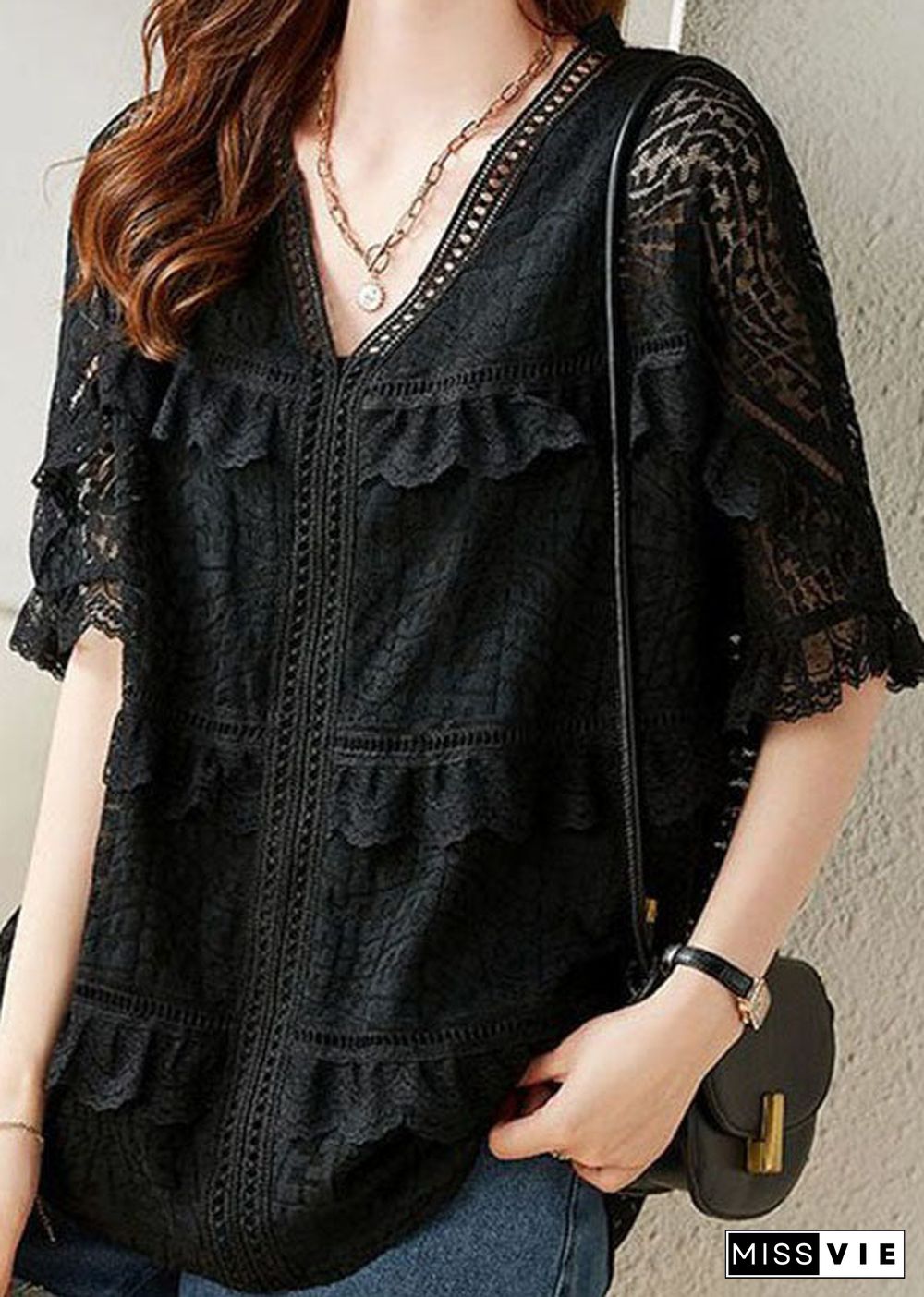 Organic Black V Neck Ruffled Embroideried Patchwork Lace Blouse Summer