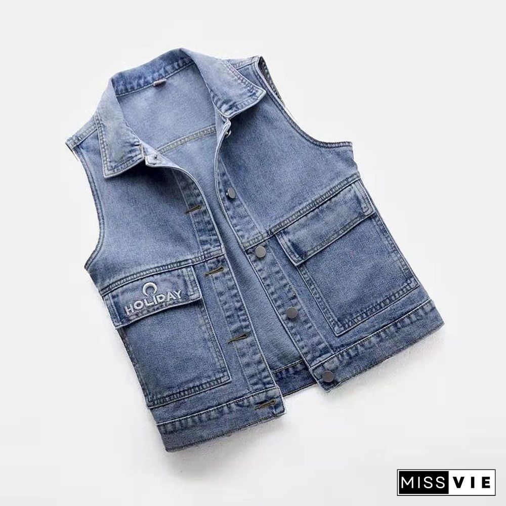 Women's Vest Big Pocket Jean Top Plus Size Spring Summer Waistcoat Blue Turn-down Collar Loose Denim Sleeveless Jacket Woman