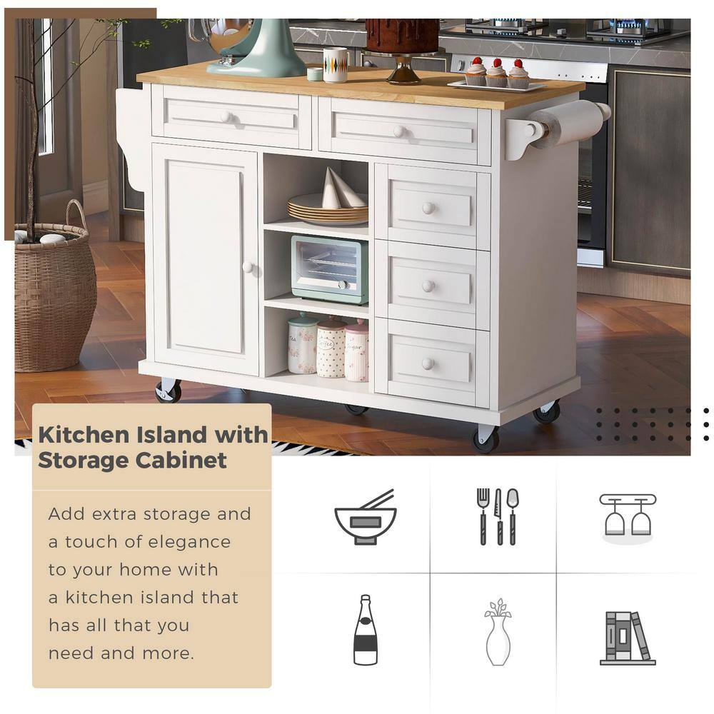 Rubber Wood Desktop White 52.8 in. W x 18.1 in. D x 36.2 in. H Kitchen Island on 5 Wheels with Spice Rack and Drawers W999VESINK21