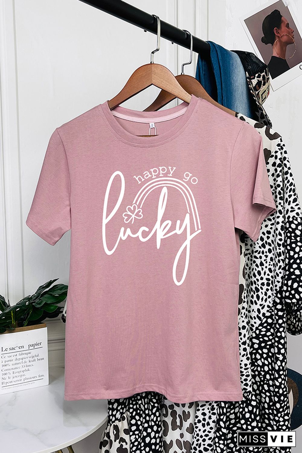 Happy Go Lucky Print Short Sleeve Graphic Tee Wholesale