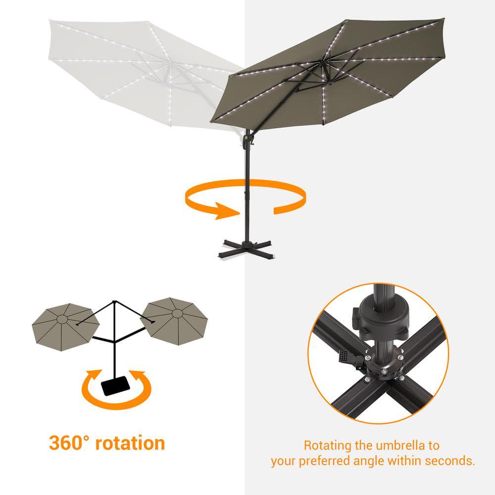 JOYESERY 10 ft Solar LED Cantilever Patio Umbrella with Cross Base Outdoor Offset Hanging 360° in Taupe