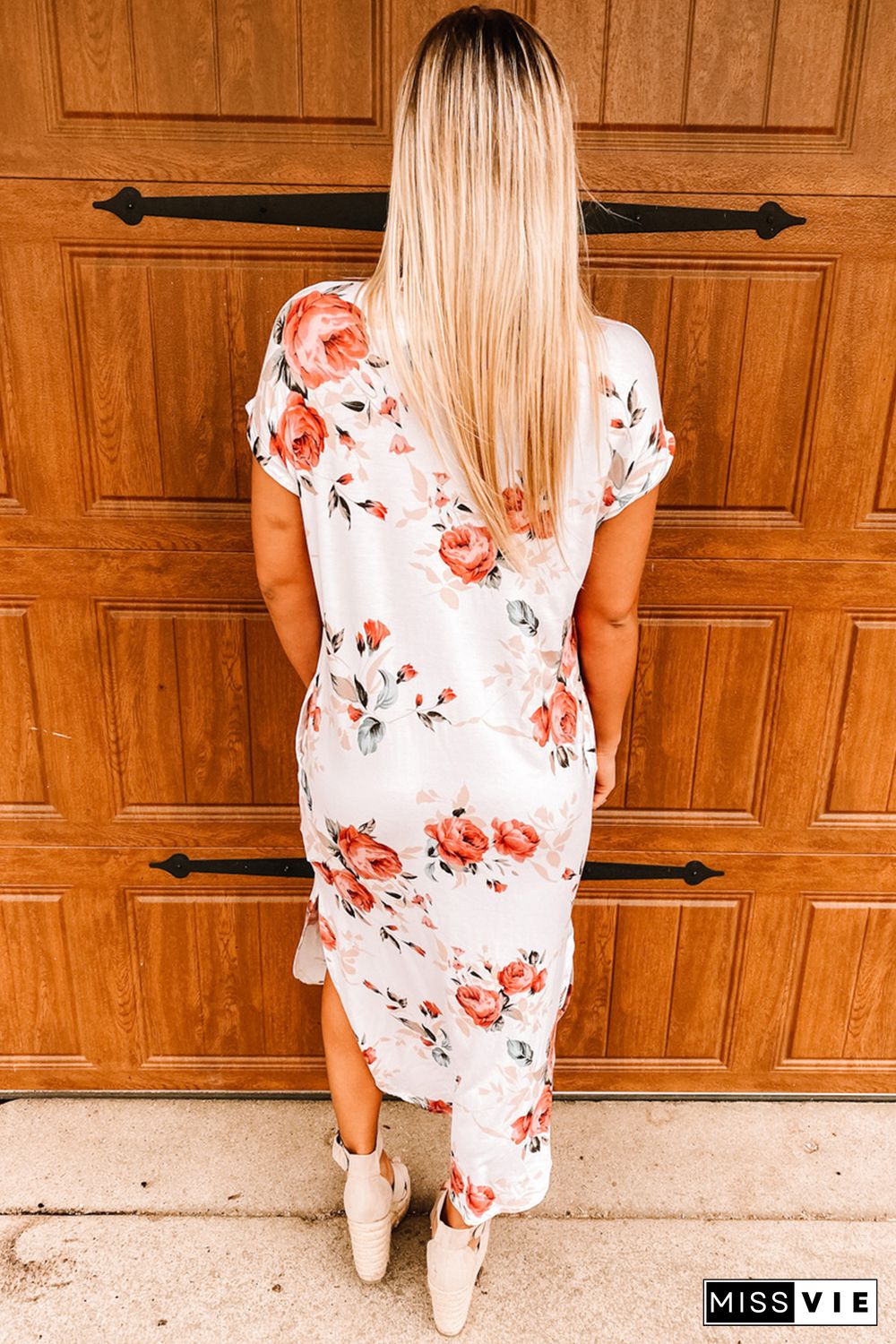 White Floral Print Side Slits T Shirt Dress