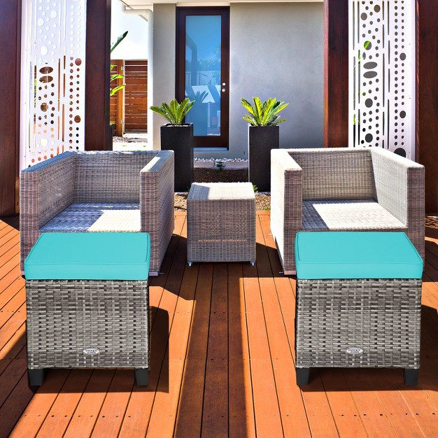 Tangkula Set Of 2 Outdoor Rattan Cushioned Ottoman Seat All Weather Patio Footrest Red turquoise