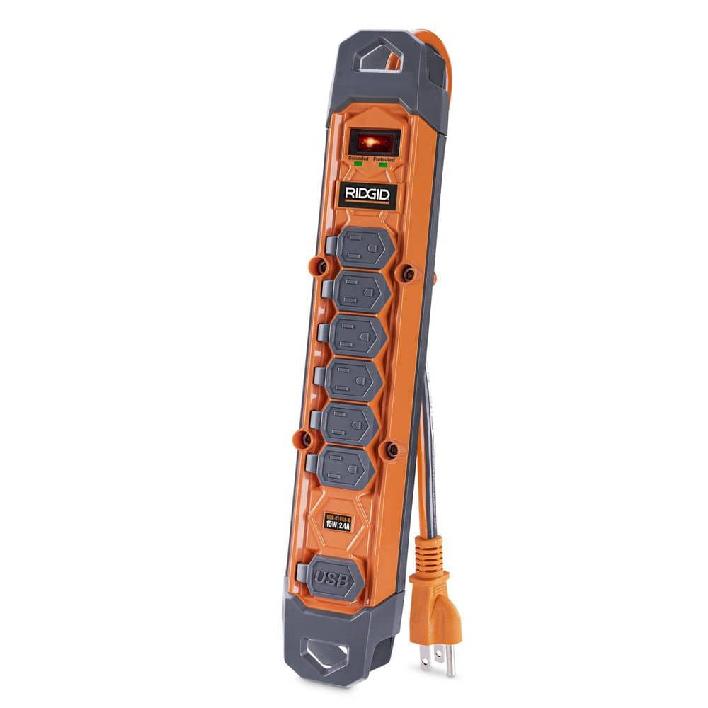 RIDGID 8 ft. Cord 6-Outlet, 2.4 Amp USB-A, 15-Watt USB-C, 2100J Surge Protector RG608UC