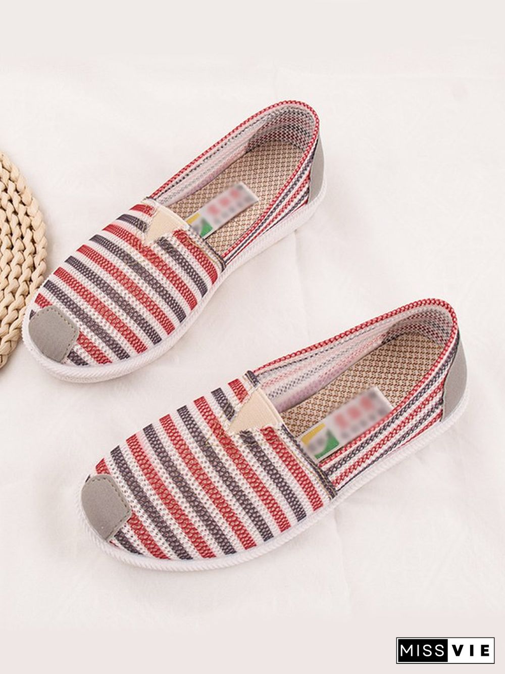 Striped Print Non-slip Soft Sole Round Toe Pumps Canvas Flats