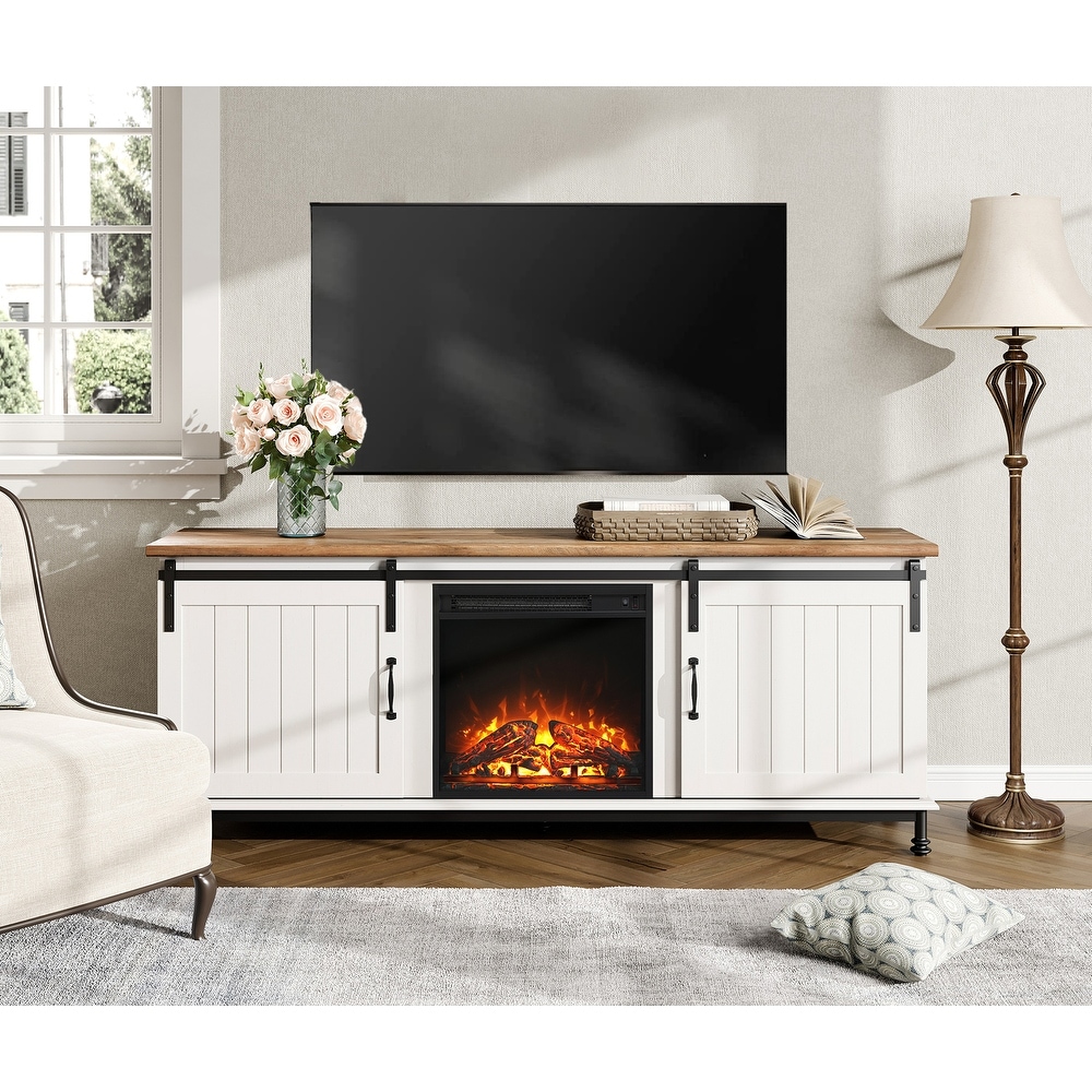 WAMPAT Fireplace TV Stand   Farmhose Entertainment Center with 18'' Electric Fireplace Sliding Barn Door  Storage Cabinet