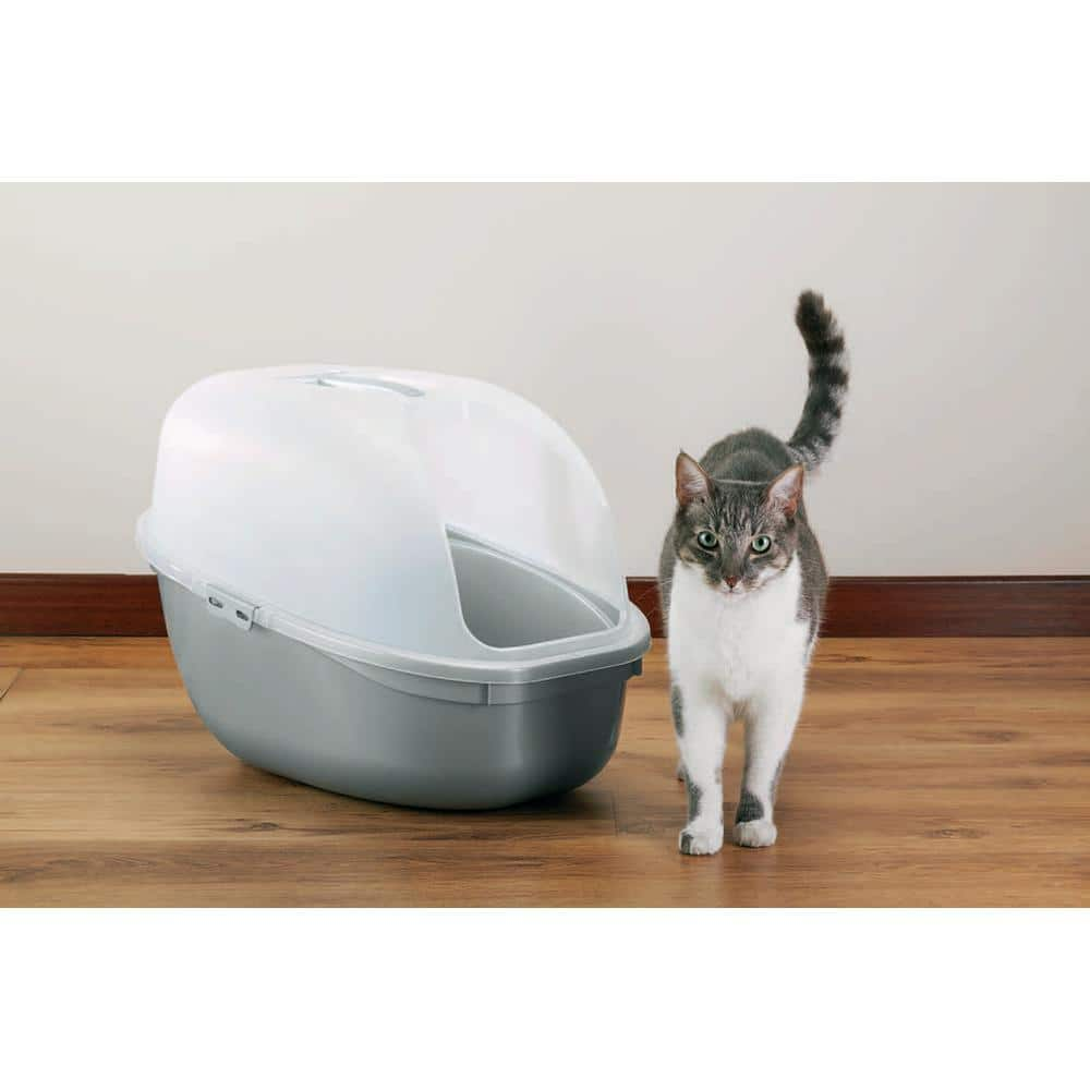 Rimax Plastic Hooded Cat Litter Box with Scoop in Light Gray and Metallic Gray 12051