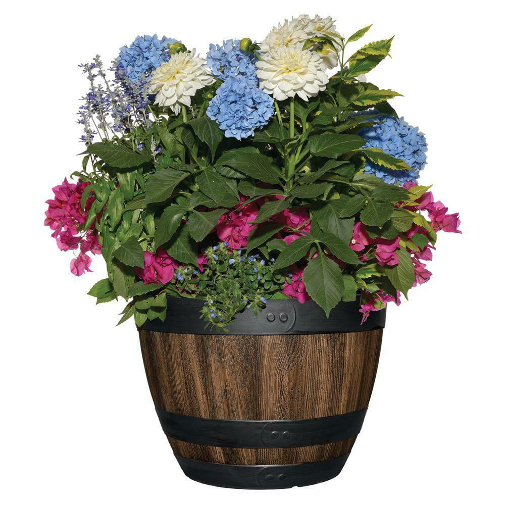 16 Inch Resin Barrel Planter Indoor Outdoor Garden Decor Large Flower Plant Pot