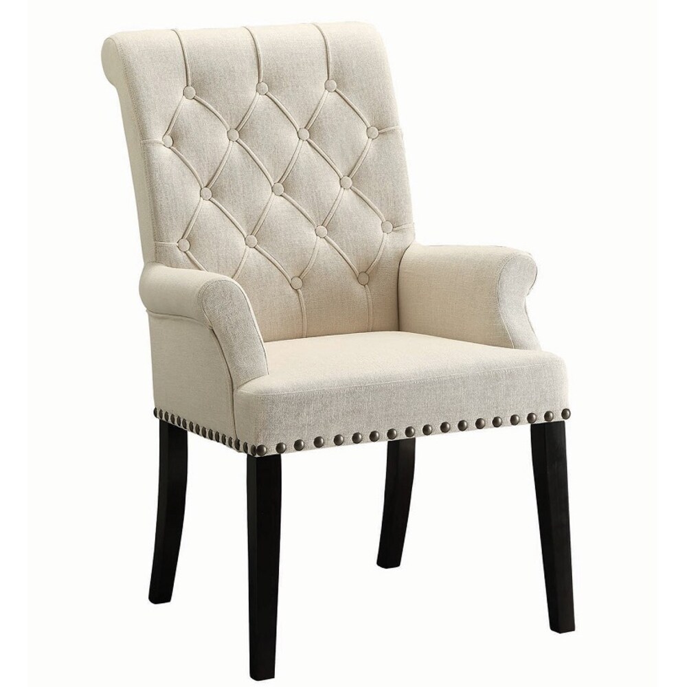 Decorative Rolled Button Beige Tufted Arm Chair with Nailhead Trim