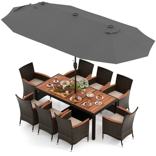 9 Piece Outdoor Dining Set with 15 Feet DoubleSided Twin Patio Umbrella