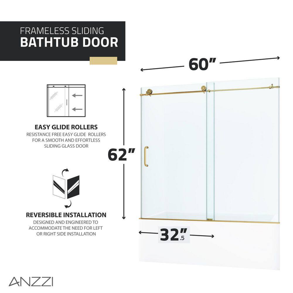 ANZZI Raymore 60 in. W x 62 in. H Sliding Frameless Bathtub Door in Brushed Gold with Clear Glass SD-AZ8080-01BG