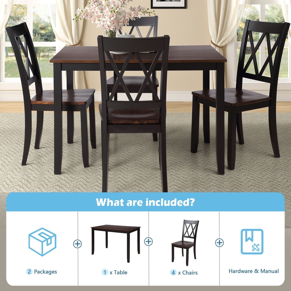 5Pcs Acacia Dining Set Home Kitchen Table Set with 4 Cross Back Dining Chairs