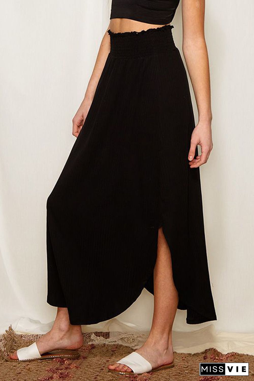 Black Smocked High Waist Maxi Skirt with Slit