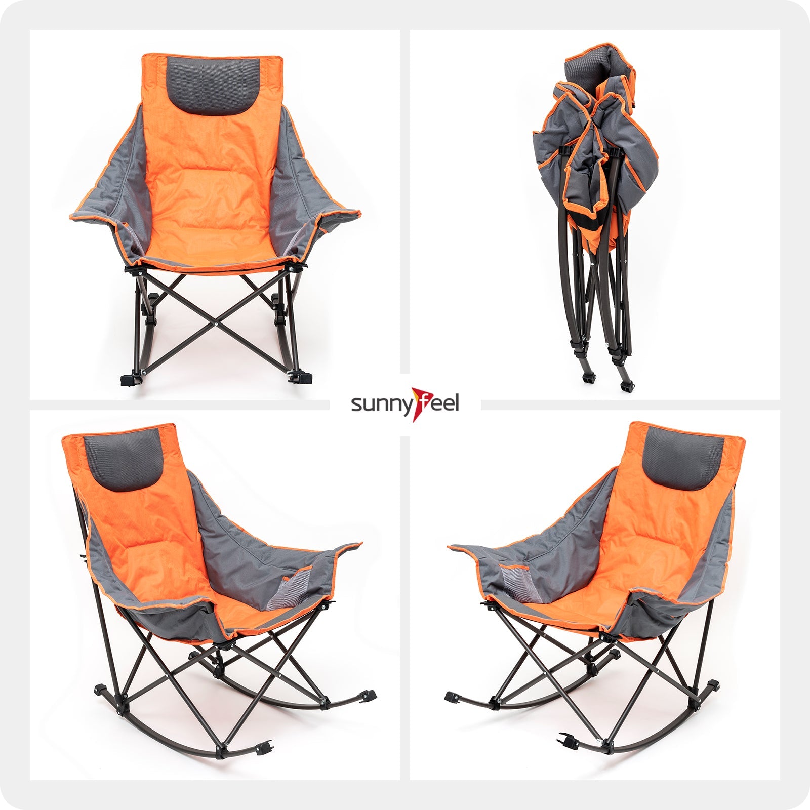 Sunnyfeel Camping Rocking Chair for Adults, Luxury Padded Recliner, Oversized Folding Rocker Lawn Chair (Orange)