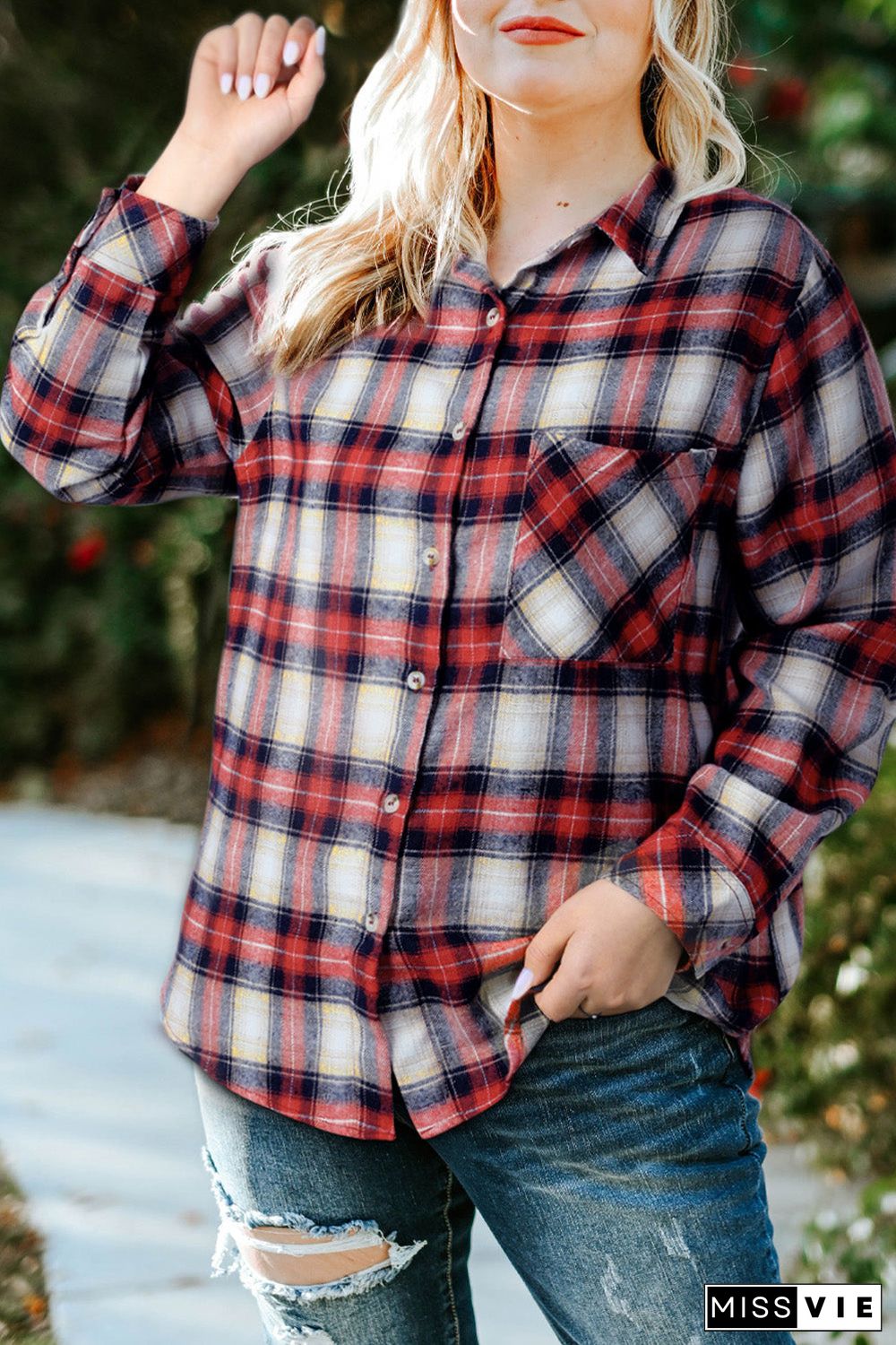 Red Plus Size Plaid Pattern Shirt