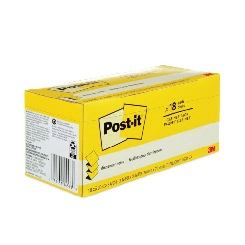 Post-it Original Canary Yellow Pop-Up Refill Cabinet Pack， 3 x 3， 90-Sheet， 18/Pack (R33018CP)