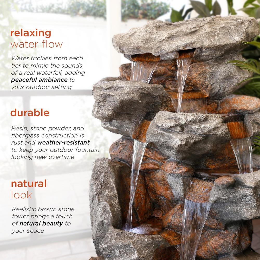 Alpine Corporation 52 in. Tall Outdoor 5-Tier Rainforest Rock Water Fountain with LED Lights WIN730