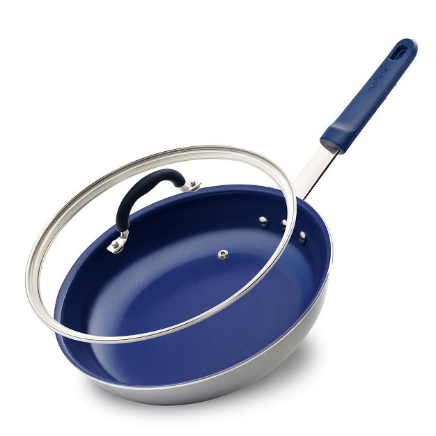 Fry Pan With Lid Large Skillet Nonstick Frying Pan With Silicone Handle Ceramic Coating Blue Silicone Handle