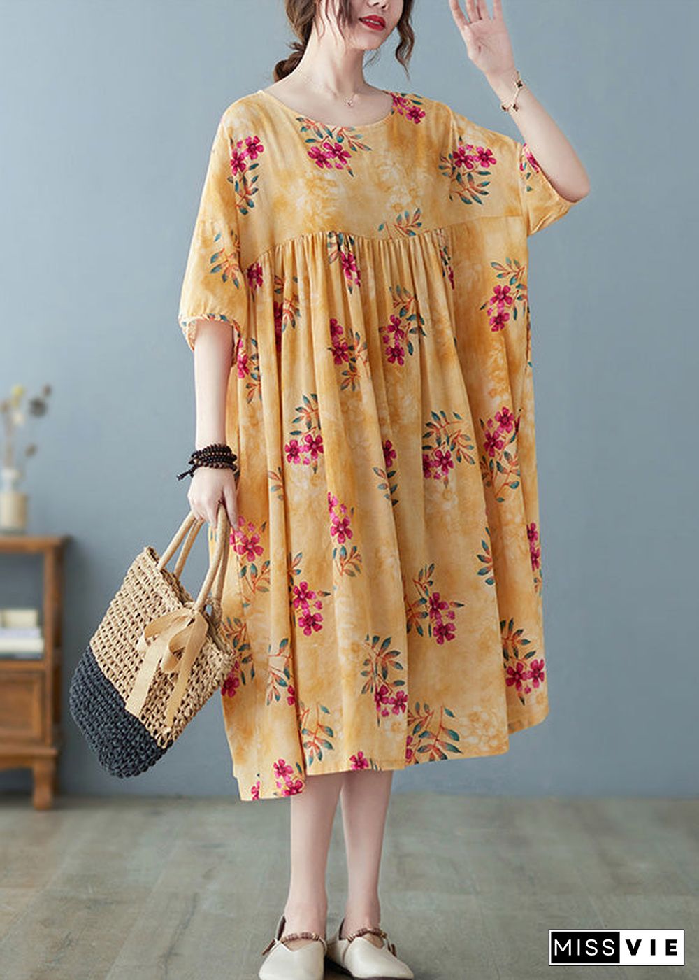 Cute Yellow Patchwork Print Cotton Holiday Maxi Dresses Summer